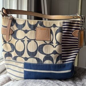 Coach Blue and Tan Shoulder Bag with Signature Monogram